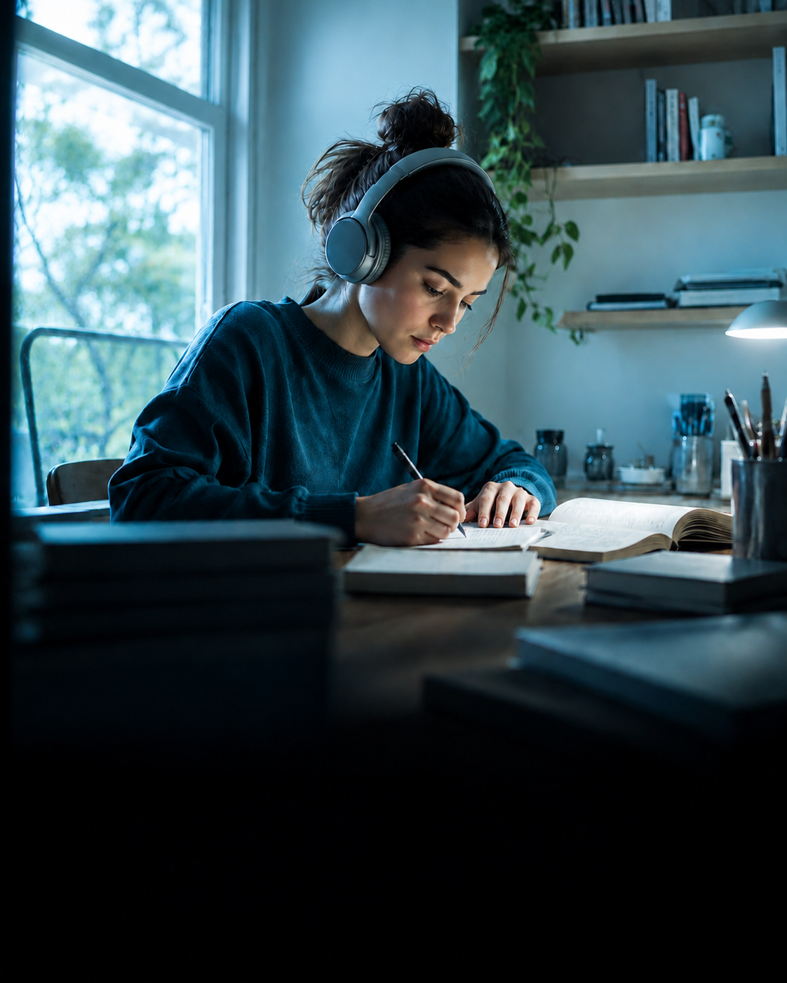 A woman in headphones writing in a notebook at a desk of books beside a bright window