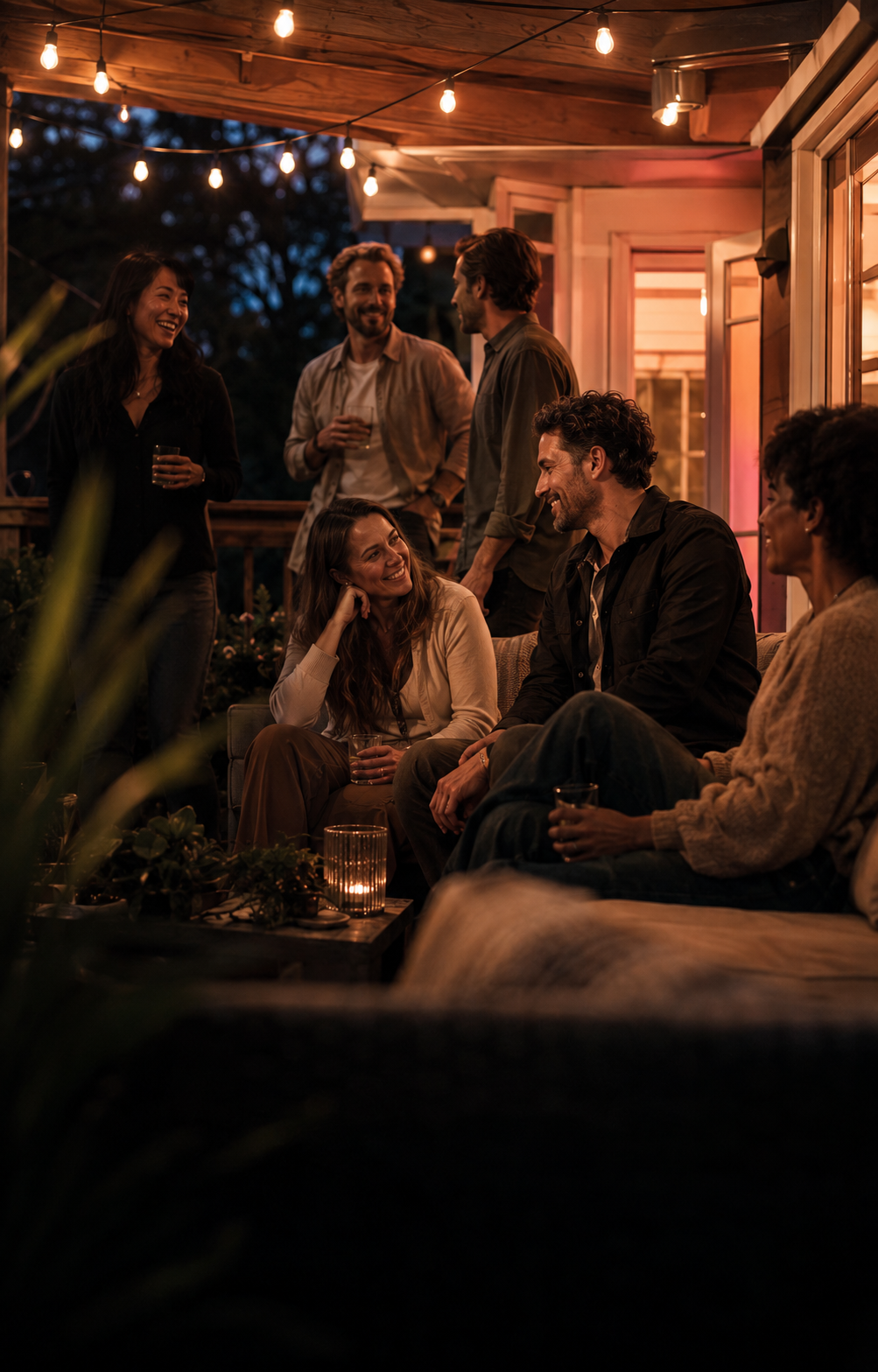 Friends talking and laughing on a porch at dusk under warm string lights