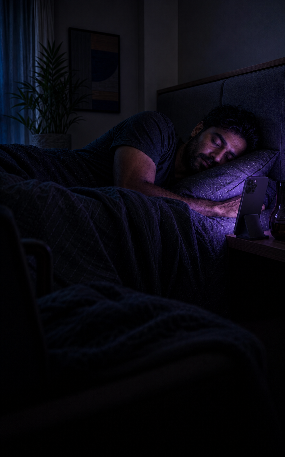 A man asleep in a dark bedroom lit only by the violet glow of a phone on the nightstand